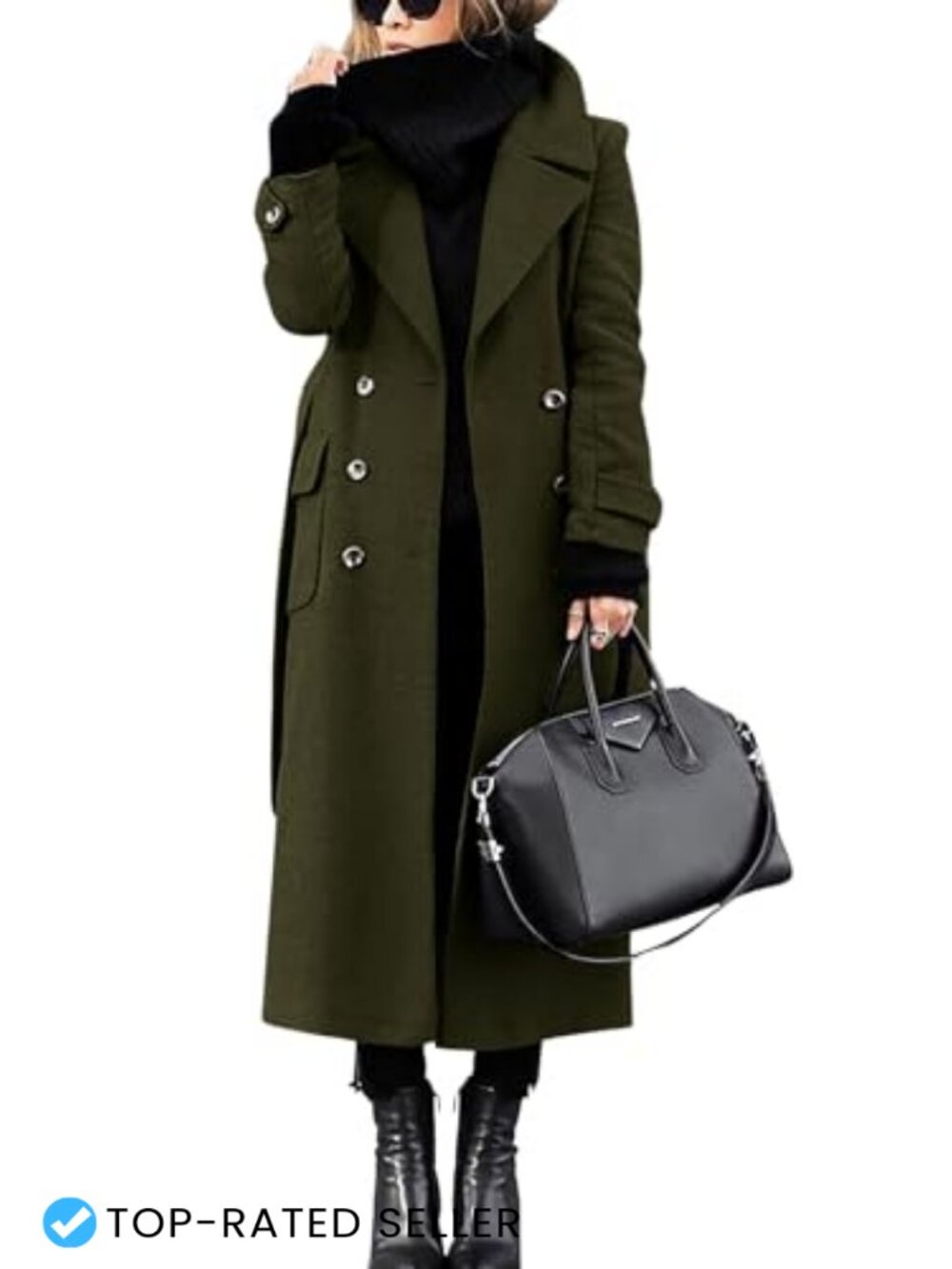Wool Blend Midi Pea Coat Double Breasted Belted Winter Overcoat